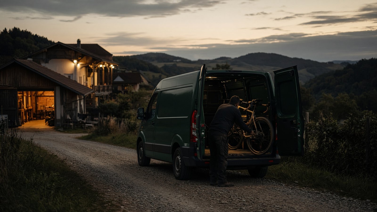 Enlèvement d’un vélo au crépuscule, campagne fribourgeoise